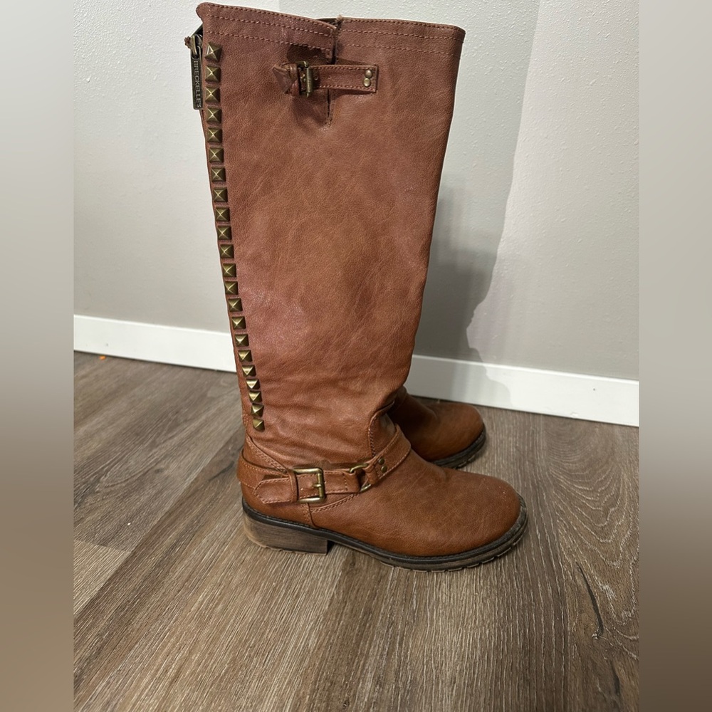 Breckelle Trooper Brown Studded Buckle Riding Knee High Boot - Picture 10 of 13